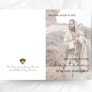 The lds baptism program side one features Jesus as a shepherd as the front cover to be folded over. The back of the program is on the other side of side one and shows the words The Church of Jesus Christ of Latter Day Saints and CTR Temple shield.