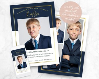 May include: A blue and white invitation with gold accents for a christening. The invitation features a photo of a young boy in a suit and the text "PLEASE JOIN US FOR ALEX FREEMAN'S Baptism".