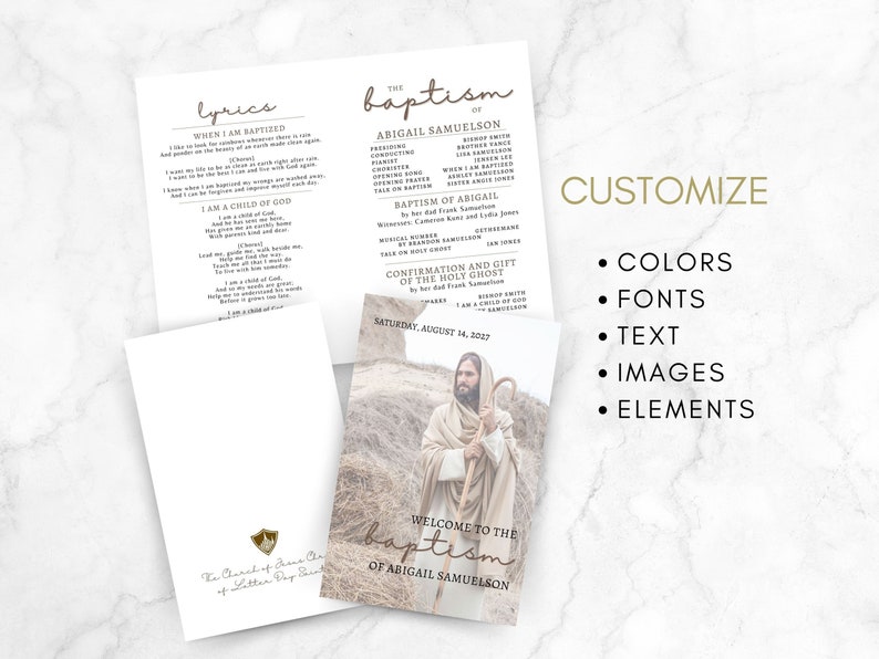 The LDS Baptism Program is an instant download and easily customizable for your child's big day. You can edit colors, fonts, text, images and elements.