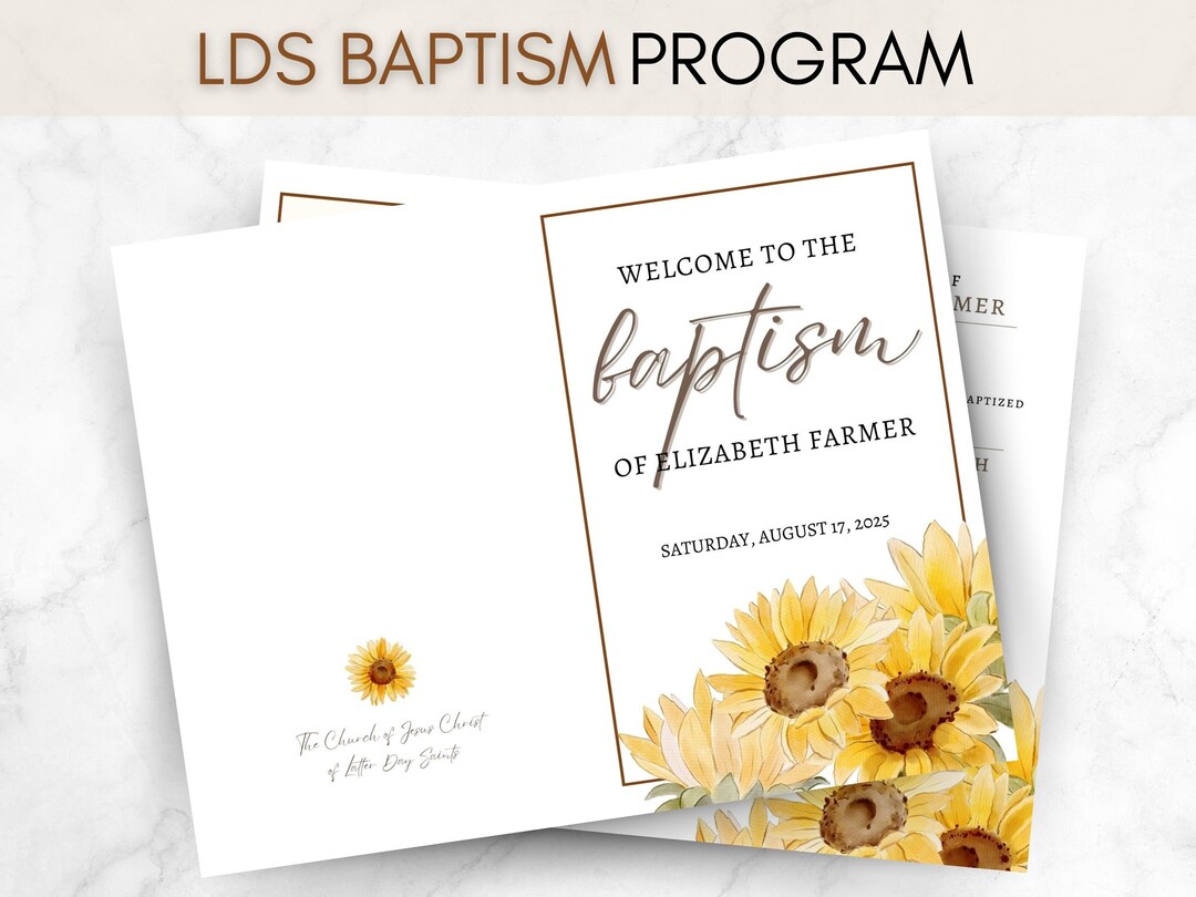 LDS Baptism Program Sunflower, Customizable Template, Easy to Edit
