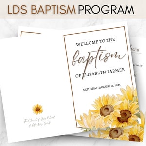 Puede incluir: Un programa para una ceremonia de bautismo con un diseño de girasol. El programa incluye el texto "Bienvenido al bautismo de Elizabeth Farmer" y "Sábado, 17 de agosto de 2025".