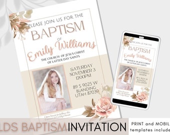 LDS Baptism Invitation Girl, LDS Baptism Invitation, Editable One Sided Floral Photo Baptism Invite, Baptism Invitation Instant Download