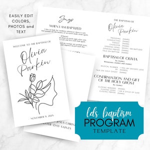 Peut inclure: Un modèle de programme de baptême imprimable avec une illustration florale en noir et blanc. Le programme comprend des sections pour le président, la direction, le pianiste, le choriste, le chant d'ouverture, la prière d'ouverture, le discours sur le baptême, le baptême d'Olivia, la confirmation et le don du Saint-Esprit, les remarques de clôture, le chant de clôture et la prière de clôture. Le texte "modèle de programme de baptême mormon" est dans un encadré turquoise.