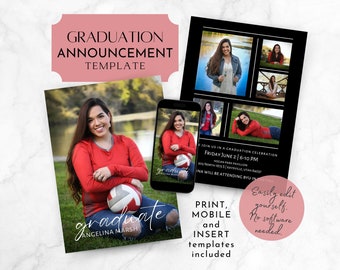 May include: A graduation announcement template with a black background and a collage of photos of a young woman. The text on the template reads "Join us in a graduation celebration Friday June 2 | 6-10 PM Hogan Park Pavilion 903 North 1825 (1825) Kaysville, Utah 84037 [Name] will be attending BYU in the fall". The template also includes the text "Print, Mobile and Insert templates included" and "Easily edit yourself. No software needed."
