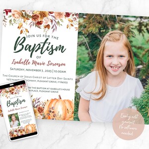 May include: Baptism invitation featuring a photo of a smiling girl with long red hair. The invitation includes text: "Join us for the Baptism of Isabelle Marie Sorenson" and event details. A smartphone displays a similar design.