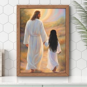 May include: A painting of a man and a young girl walking hand-in-hand. The man is wearing a white robe and the girl is wearing a white dress. The background is a field with a rainbow in the sky.