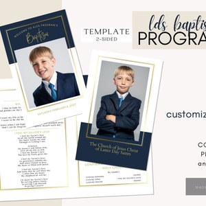 Puede incluir: Una plantilla de programa de bautismo de dos caras. La parte delantera presenta una foto de un niño pequeño con un traje azul marino y un marco dorado. La parte trasera presenta un fondo azul marino y blanco con el texto "La Iglesia de Jesucristo de los Santos de los Últimos Días" y un himno titulado "Siento el amor de mi Salvador".