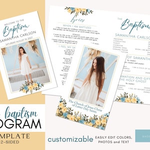Puede incluir: Una plantilla de programa de bautismo de dos caras con un diseño floral en azul y amarillo. El programa incluye el nombre Samantha Carlson, la fecha del bautismo y la letra de la canción "When I Am Baptized". La plantilla es personalizable y se puede editar en Canva.