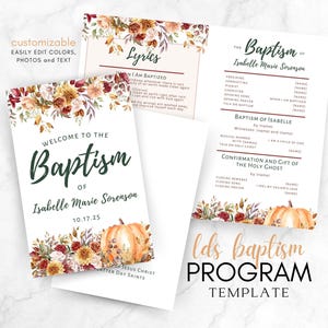 Puede incluir: Una plantilla de programa imprimible para una ceremonia de bautismo con temática otoñal. El programa presenta una ilustración de acuarela de hojas de otoño, flores y una calabaza. El texto dice "Bienvenido al bautismo de Isabelle Marie Sorenson 10.17.25" y "plantilla de programa de bautismo mormón".