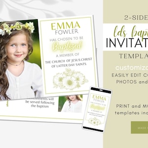 LDS Baptism Invitation Girl, Baptism Invitation Instant Download, LDS Baptism Invitation, Canva Template, Editable Green Daisy Floral