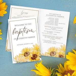 Puede incluir: Un programa de bautismo con un diseño de girasol. El programa incluye el orden del servicio para el bautismo de Elizabeth Farmer, que tendrá lugar el 17 de agosto de 2025. El programa incluye los nombres del oficiante, pianista, coro y otros participantes en la ceremonia.