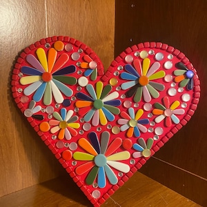 Red Mosaic Heart with Ceramic Flowers - Perfect Wedding Gift