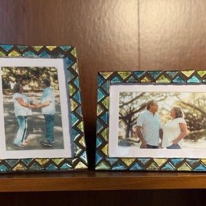 Colorful Mosaic Photo Frames - Pair of 5x7 Frames - Triangle Glass Tiles - Green & Blue