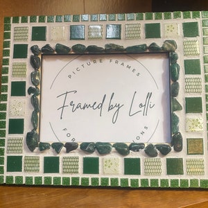 Patterned Green Glass Tile Picture Frame with Polished Rocks - Unique Green Home Decor