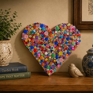 May include: A heart-shaped wall decoration constructed from a dense mosaic of multicolored plastic buttons in various sizes. The buttons feature diverse shades of red, blue, green, yellow, orange, purple, and pink, creating a vibrant, textured surface.