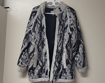 Vintage traditie Sear gevoerde oma winterjas/vintage jaren '80 Sears traditie abstracte witte en zwarte gebreide vest trui, jaren '80 vest