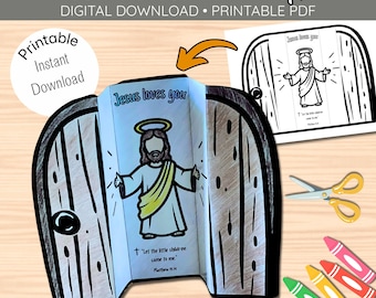 May include: A printable craft featuring a cartoon illustration of Jesus with the text "Jesus Loves You." The craft includes a door-shaped design with the text "Let the little children come to me." and comes with crayons and scissors.