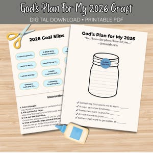 May include: Digital printable PDF titled "God's Plan for My 2026 Craft." The design features a jar graphic with fill-in-the-blank prompts for setting goals, alongside goal slips and instructions. Includes scissors and glue.