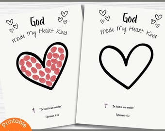 May include: Two printable cards with the text "God Made My Heart Kind." One card features a heart filled with red dots, the other a black outline. Includes the text "Be kind to one another" and "Ephesians 4:32."