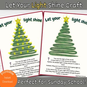 Let Your Light Shine Craft – Christmas Tree Fingerprint Activity for Kids, Bible Verse Printable, Sunday School Christian Art Project