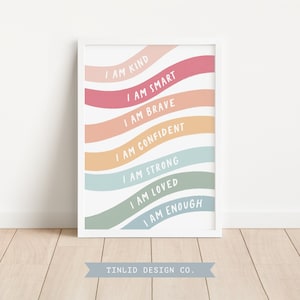 Affirmations for Kids, Rainbow Affirmation Print, I am Kind Smart Loved, Printable Wall Art, Inspirational Nursery Decor, Digital Download
