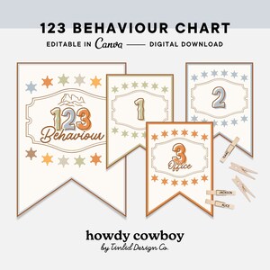 May include: A printable behavior chart for kids with a western theme. The chart has three sections: 123 Behaviour, 1, and Office. Each section has a banner with stars and a number. The chart is editable in Canva and is a digital download.
