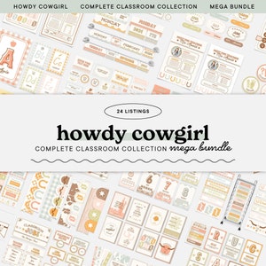 Western Classroom Decor Bundle, Editable Cowboy Theme Teacher Display Collection, Printable Canva Templates, Instant Download, Howdy Cowgirl