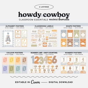 Editable Classroom Essentials Decor Bundle, Howdy Cowgirl Class Display, Printable Canva Templates, Teacher Organisation, Digital Download
