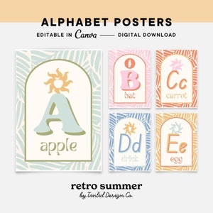 Pósteres con alfabetos retro brillantes para el aula, plantillas de Canva para decoración del aula editables, gráficos de letras retro de verano, recursos digitales en formato PDF para docentes