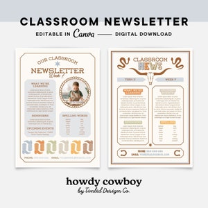 Printable Classroom Newsletter, Back to School, Editable Canva Templates, Western Decor, Class Organisation Display, Digital Download