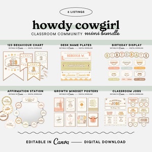 Editable Classroom Community Decor Bundle, Howdy Cowgirl Class Display, Printable Canva Templates, Teacher Resources, Digital Download
