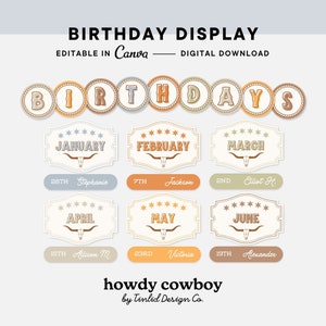 Printable Birthday Display, Western Classroom Decor, Editable Canva Template, Birthday Bulletin Board, Teacher Resource, Digital Download