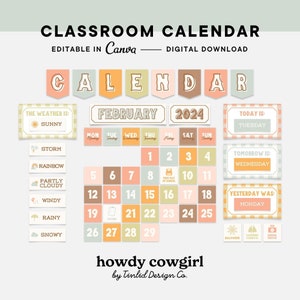Printable Classroom Calendar, Pocket Chart Calendar, Editable Canva Template, Western Class Decor, Classroom Management, Digital Download