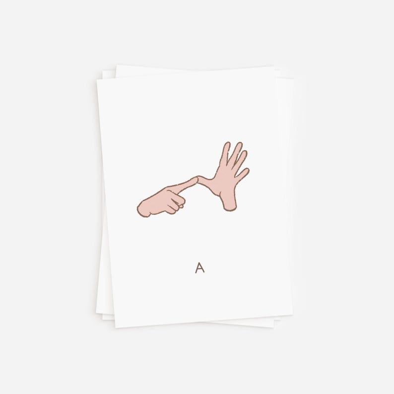 A vertical stack of flash cards focusing on the letter A in AUSLAN sign language, illustrated with soft pink hues and clean lines. Perfect for introducing alphabet basics visually.