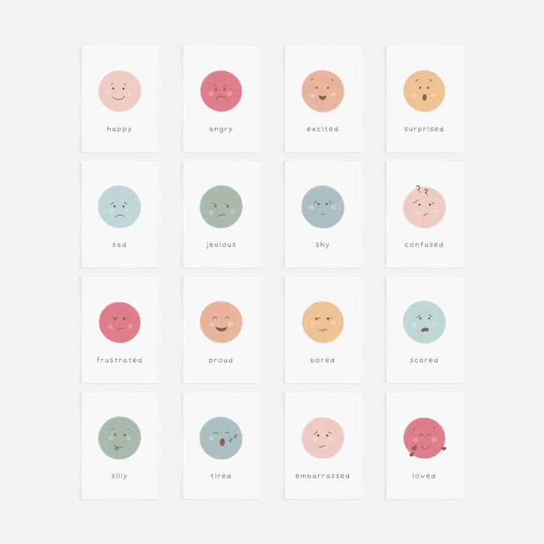 Sixteen rainbow feelings flash cards featuring simple face illustrations in soft pastel shades, showcasing emotions like happy, sad, and frustrated.