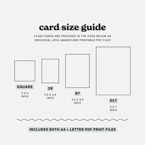Size guide for educational flash cards in a rainbow colour palette for kids, offering square and 5x7 inch dimensions for versatile classroom use.