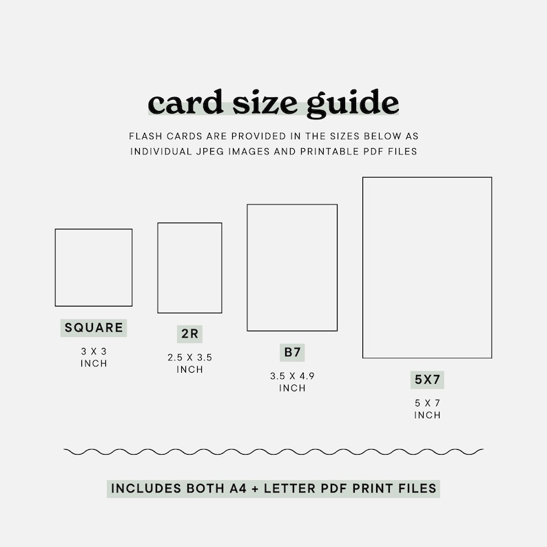 Size guide for educational flash cards in a rainbow colour palette for kids, offering square and 5x7 inch dimensions for versatile classroom use.