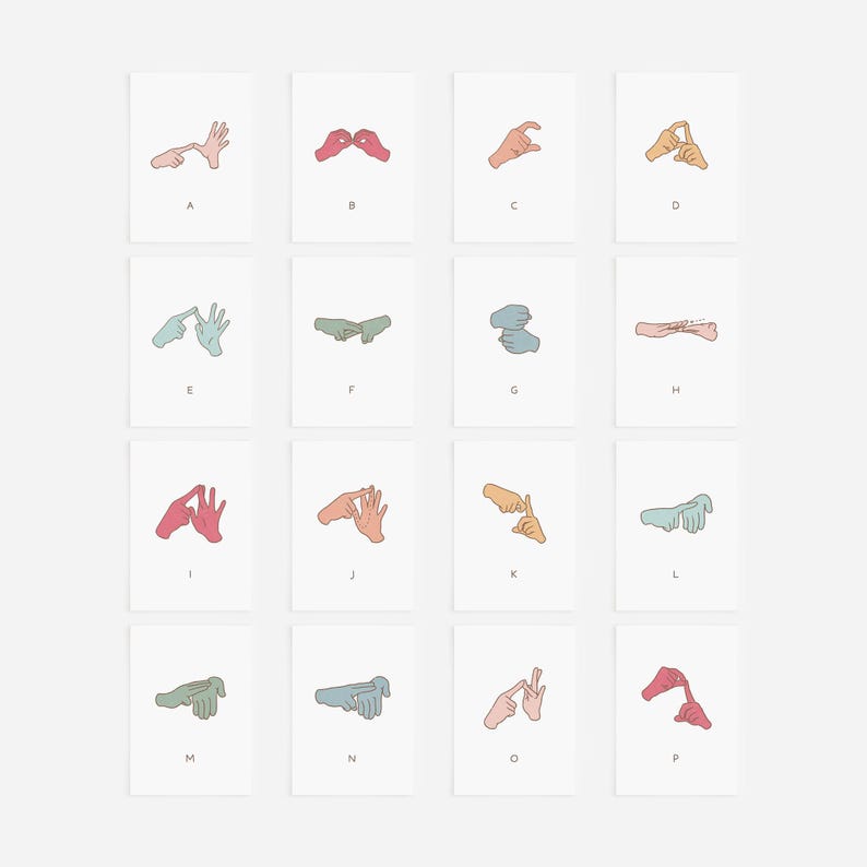 A vertical grid layout of flash cards displaying the full AUSLAN English alphabet in sign language, showcasing a mix of pastel and earthy tones. Great for learning alphabets using hand gestures.