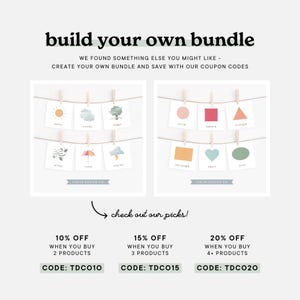 Build your own bundle promotional image featuring rainbow-themed flash cards for emotions, weather, and shapes. Discounts for purchasing multiple products and customisable teacher resources in soft rainbow colours.