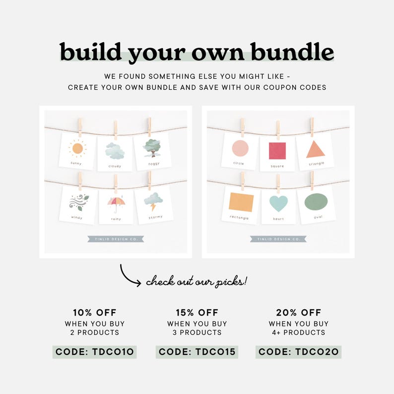 Build your own bundle promotional image featuring rainbow-themed flash cards for emotions, weather, and shapes. Discounts for purchasing multiple products and customisable teacher resources in soft rainbow colours.