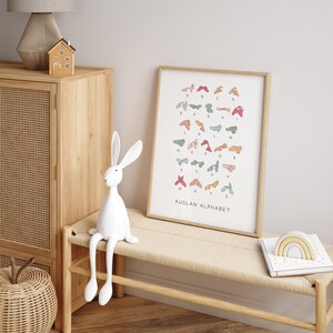 May include: A framed print of the Auslan alphabet, featuring illustrations of hand signs for each letter. The print is displayed on a light wood shelf with a white rabbit figurine and a rainbow-colored wooden toy.