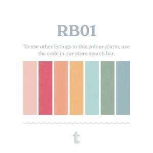 May include: A color palette with the code RB01. The palette includes seven colors: light pink, coral, peach, orange, light blue, sage green, and light blue-gray.