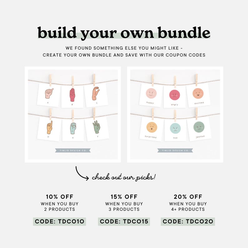 A promotional image for a customisable classroom bundle featuring two collections: ASL flash cards and emotion-based flash cards, clipped on strings. Includes a discount code for building bundles. Perfect for creating interactive classroom decor.