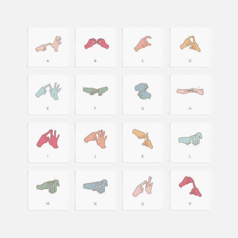 A grid layout of flash cards displaying the full AUSLAN English alphabet in sign language, showcasing a mix of pastel and earthy tones. Great for learning alphabets using hand gestures.