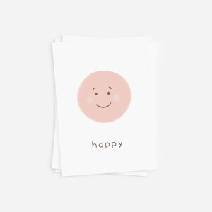 Stacked rainbow feelings flash cards with the happy card on top, showcasing a smiling face in pastel pink, ideal for emotional learning activities.