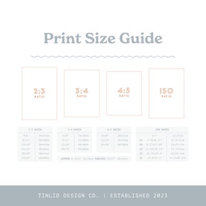 May include: A chart with a print size guide for different aspect ratios, including 2:3, 3:4, 4:5, and ISO. The chart shows the dimensions in inches and centimeters for various print sizes.