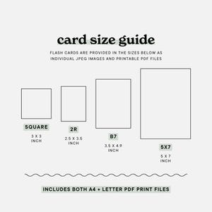 Size guide for educational flash cards in a rainbow colour palette for kids, offering square and 5x7 inch dimensions for versatile classroom use.