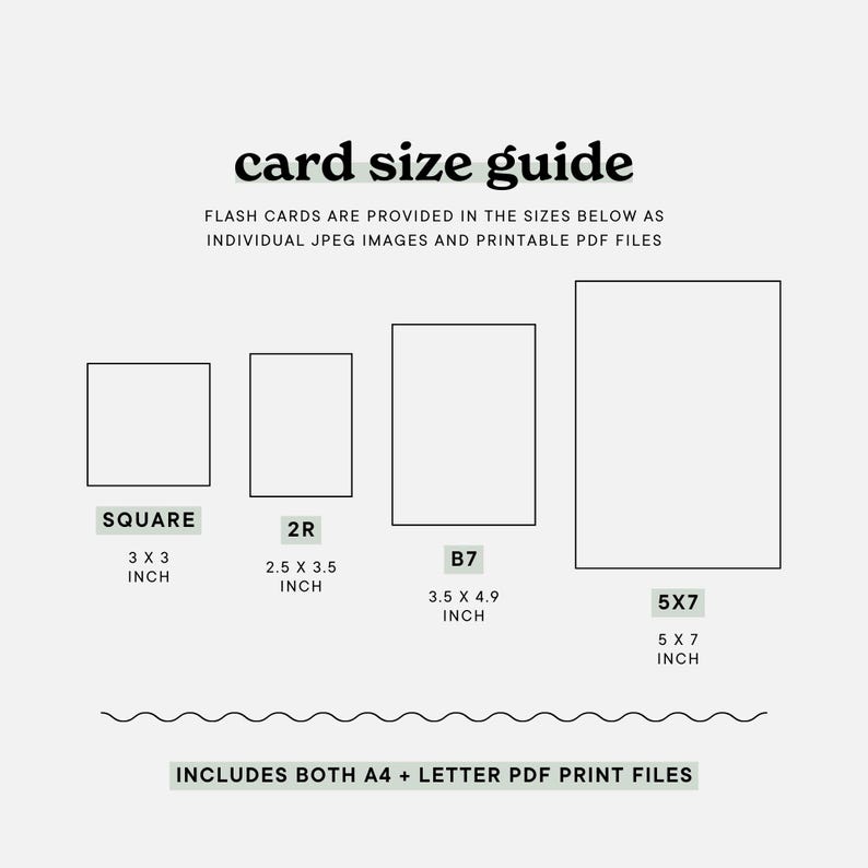 Size guide for educational flash cards in a rainbow colour palette for kids, offering square and 5x7 inch dimensions for versatile classroom use.