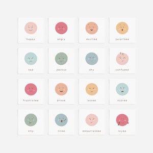 Sixteen rainbow feelings flash cards arranged in a grid, each illustrating emotions like happy, proud, and sad with minimalist designs and pastel colours.