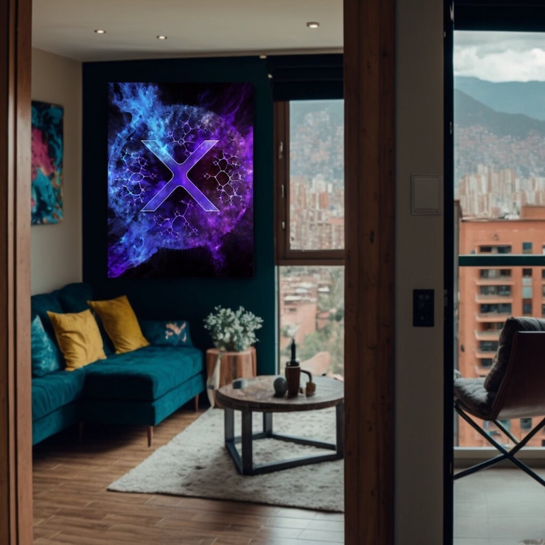 May include: A teal blue couch with yellow throw pillows in a living room with a coffee table and a large abstract canvas print featuring a purple and blue nebula with a white X in the center.